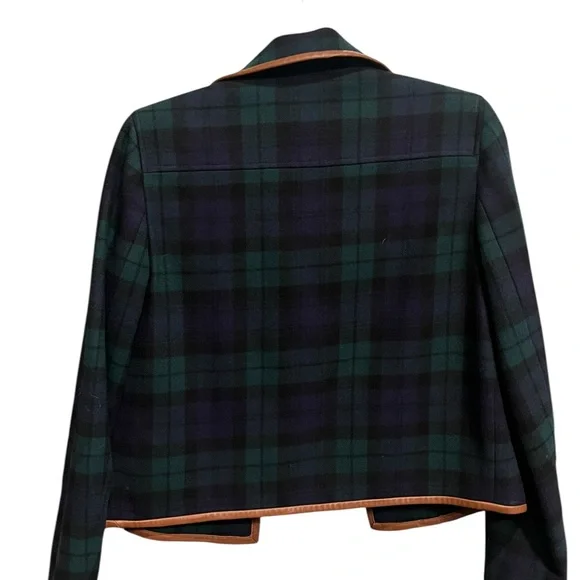Ralph Lauren Women's Navy Blue, Green Plaid Jacket with brown leather trim acc